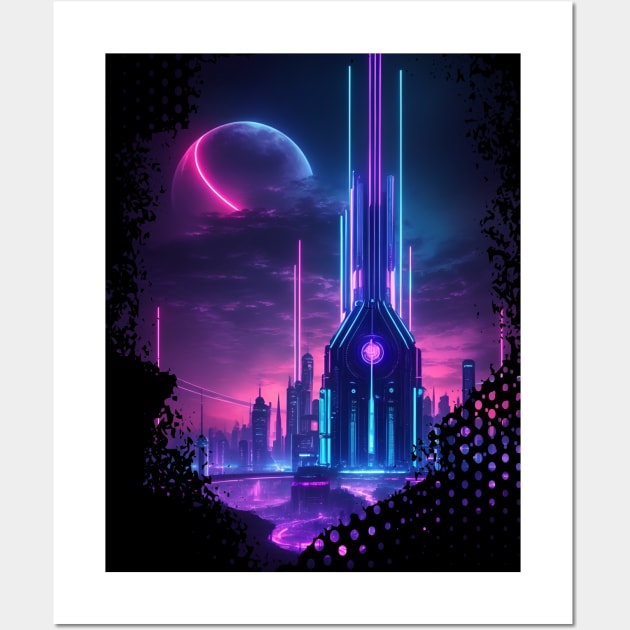 Neon City Night Landscape - AI Art Wall Art by Asarteon